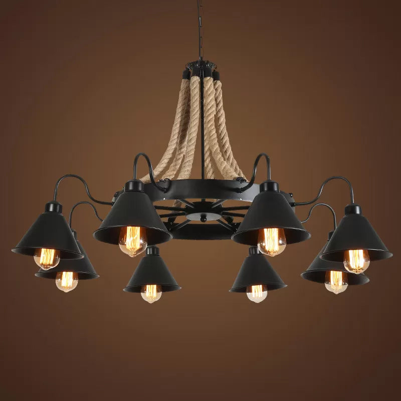 Loft Style Rope Chandelier With Cone Metal Shade - Brown Pendant Light 6/8 Heads 8 /