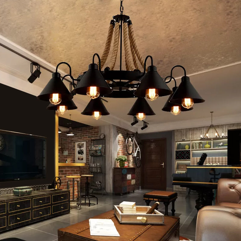 Loft Style Rope Chandelier With Cone Metal Shade - Brown Pendant Light 6/8 Heads