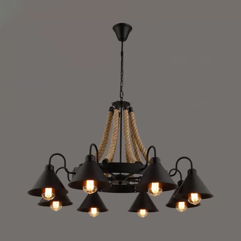 Loft Style Rope Chandelier With Cone Metal Shade - Brown Pendant Light 6/8 Heads