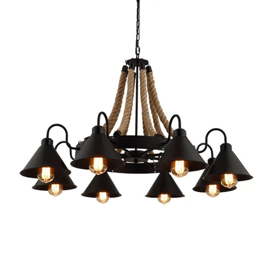 Loft Style Rope Chandelier With Cone Metal Shade - Brown Pendant Light 6/8 Heads