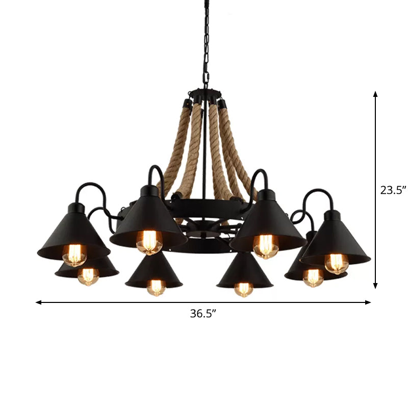 Loft Style Rope Chandelier With Cone Metal Shade - Brown Pendant Light 6/8 Heads