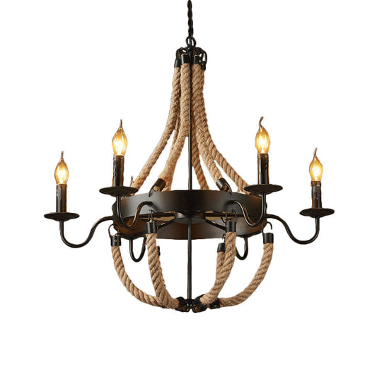 Countryside Hanging Chandelier With 6/8 Brown Bulbs And Hemp Rope Basket Pendant Design