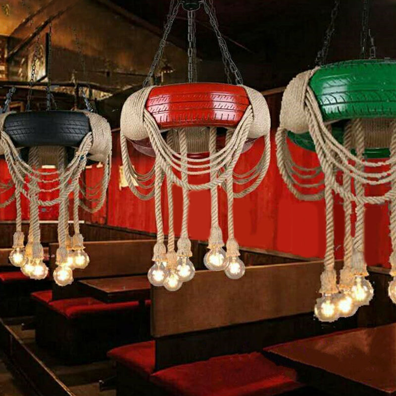 6-Head Tire Hanging Lamp Kit With Hemp Rope For Dining Room Chandelier Red
