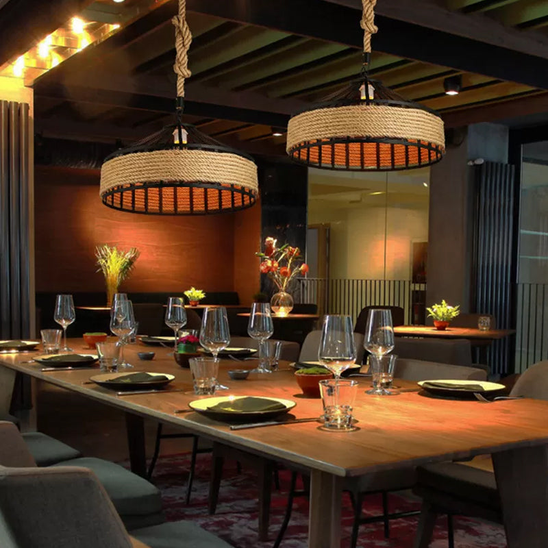 Rustic Rope Hanging Pendant Light Fixture For Dining Room With Barn Caged Design - Brown 1-Light