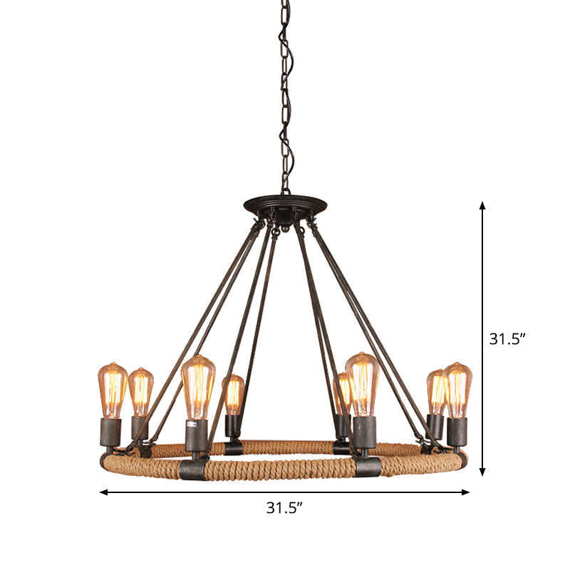 Rope-Wrapped Circle Pendant Light With Multiple Bulbs In Black And Brown