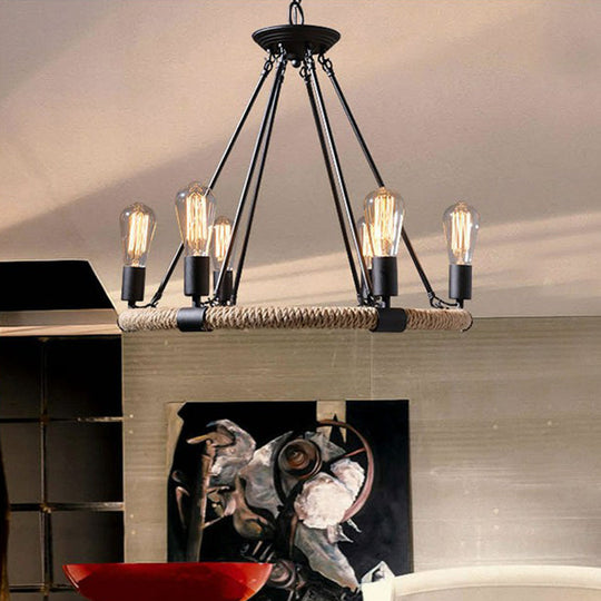 Rope-Wrapped Circle Pendant Light With Multiple Bulbs In Black And Brown 6 /