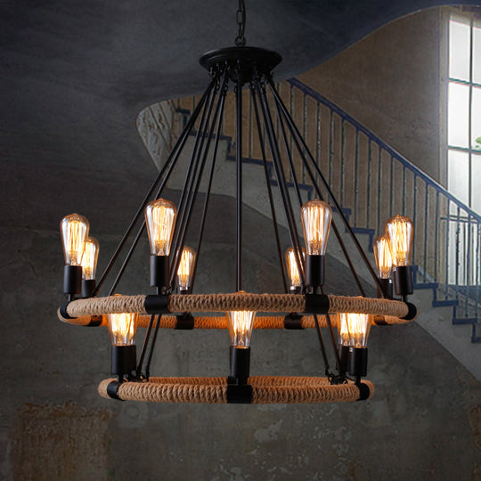 Rope-Wrapped Circle Pendant Light With Multiple Bulbs In Black And Brown