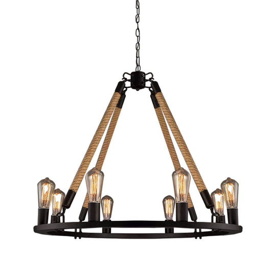 Industrial Hemp Rope Wagon Wheel Chandelier With 6/8 Black Pendant Lights For Living Room Ceiling