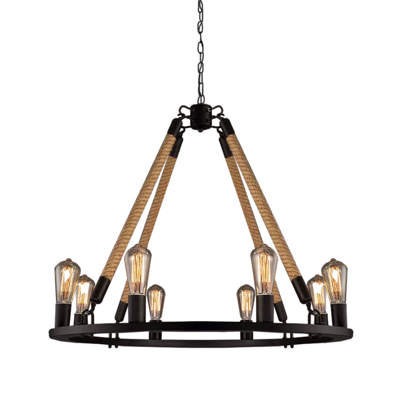 Industrial Hemp Rope Wagon Wheel Chandelier Pendant - Black 6/8 Lights For Living Room Ceiling Hang