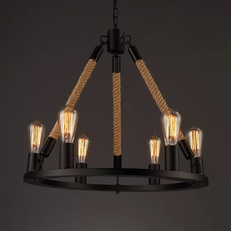 Industrial Hemp Rope Wagon Wheel Chandelier With 6/8 Black Pendant Lights For Living Room Ceiling