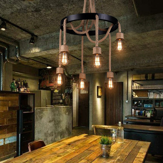 Rustic Hemp Rope Chandelier: Caged Sitting Room Pendant 6-Light Circular Suspension Brown
