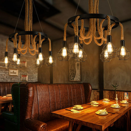 Rustic Circular Iron Pendant Light With Hemp Rope And Cage - 6 Bulb Brown Chandelier For Restaurants