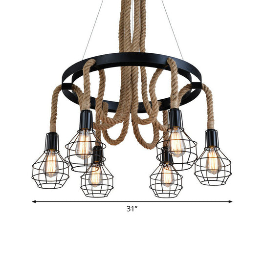 Rustic Circular Iron Pendant Light With Hemp Rope And Cage - 6 Bulb Brown Chandelier For Restaurants