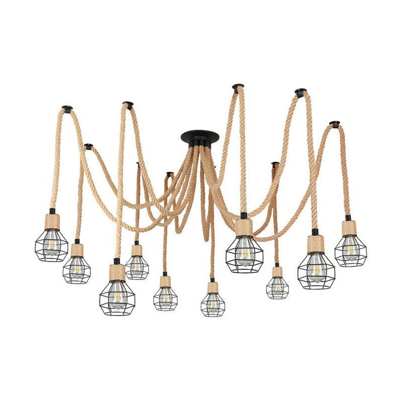 Rustic Rope Pendant Light With Spherical Cage - 6/10 Lights Brown Bistro Swag Lamp