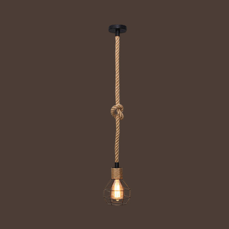 Bare Bulb Design Hemp Rope Ceiling Pendant Light - Brown Knot Farmhouse Style