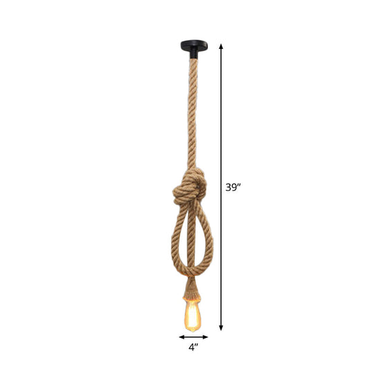 Bare Bulb Design Hemp Rope Ceiling Pendant Light - Brown Knot Farmhouse Style