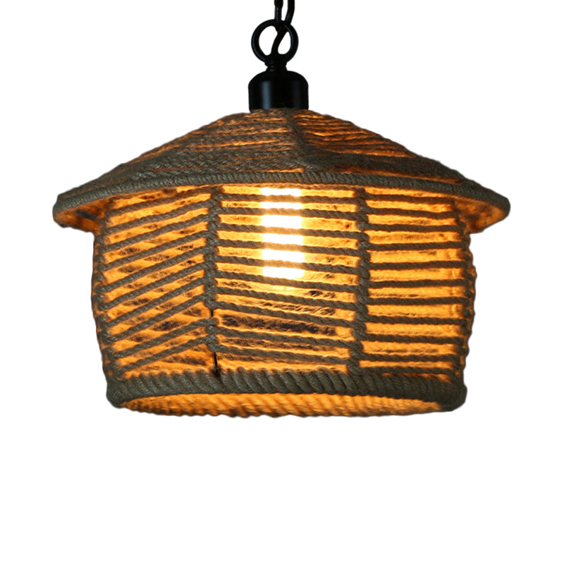 Rustic Scalloped Bowl Pendant Ceiling Lamp With Jute Rope Suspension - Wood Finish Ideal For Dining