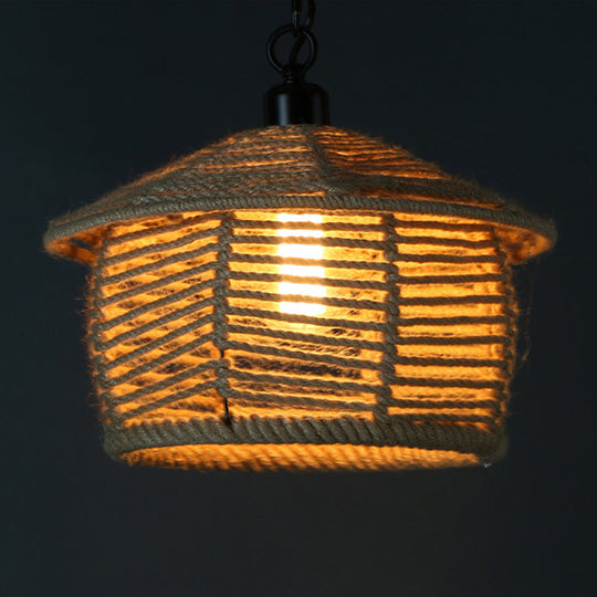 Rustic Scalloped Bowl Pendant Ceiling Lamp With Jute Rope Suspension - Wood Finish Ideal For Dining
