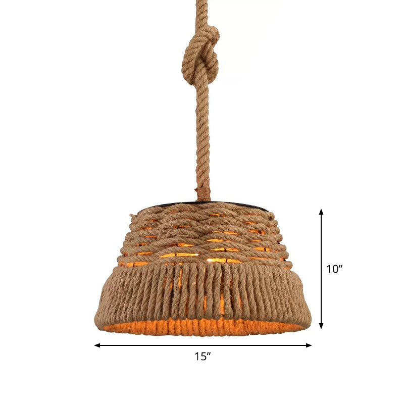 Rustic Hand-Weaving Rope Tapered Pendant In Brown For Country Club Ceiling Hang Light With 1 Bulb
