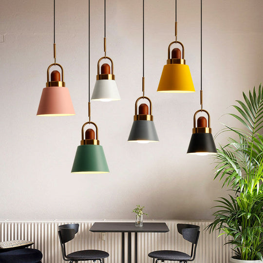 Tapered Shade Bedside Hanging Lamp - Single Macaron Pendant Light In Grey/White/Pink With Handle And