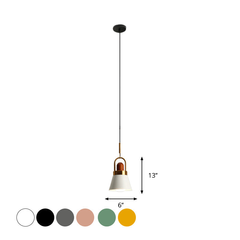 Tapered Shade Bedside Hanging Lamp - Single Macaron Pendant Light In Grey/White/Pink With Handle And