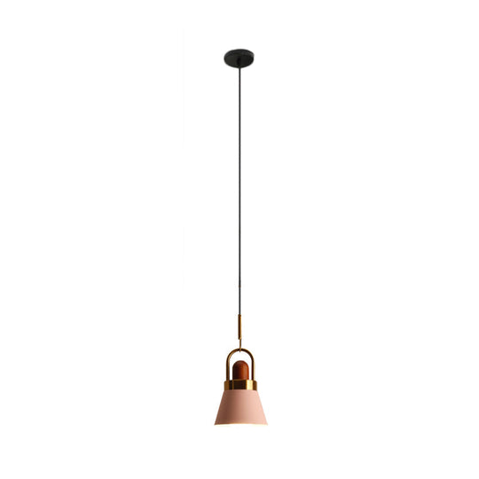 Tapered Shade Bedside Hanging Lamp - Single Macaron Pendant Light In Grey/White/Pink With Handle And