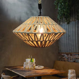 1-Light Rustic Brown Flying Saucer Pendant Lamp With Jute Rope Suspension