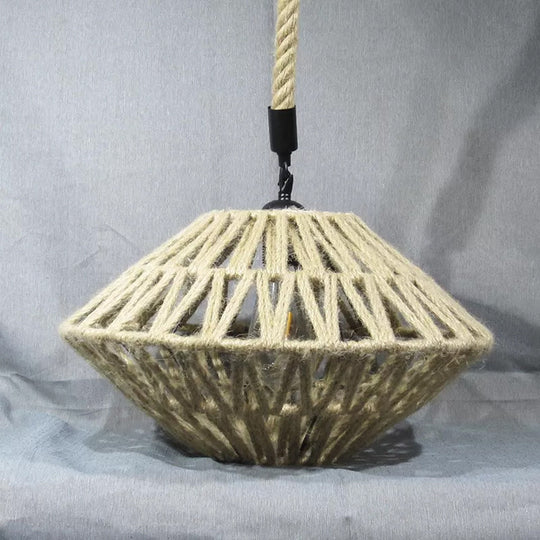 Hollowed Pendant Rustic Brown Jute Rope Ceiling Lamp With Flying Saucer Design - 1 Light