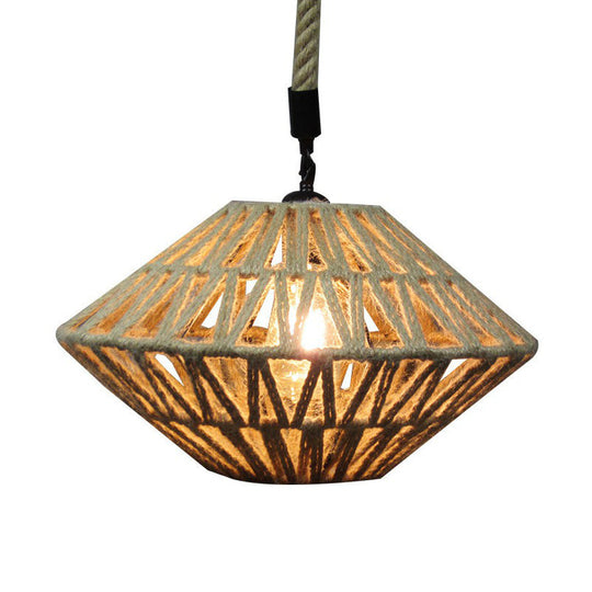 Hollowed Pendant Rustic Brown Jute Rope Ceiling Lamp With Flying Saucer Design - 1 Light