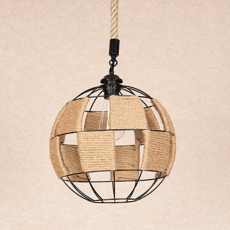 Hemp Rope Pendant Lamp - Cottage Brown Globe Ceiling Light Aisle Hanging Fixture