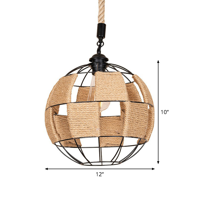 Hemp Rope Pendant Lamp - Cottage Brown Globe Ceiling Light Aisle Hanging Fixture