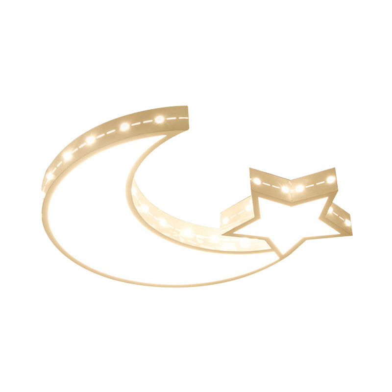 White Metal Hollow Star Crescent Flush Ceiling Light - Modern Led Fixture For Kid’s Bedroom