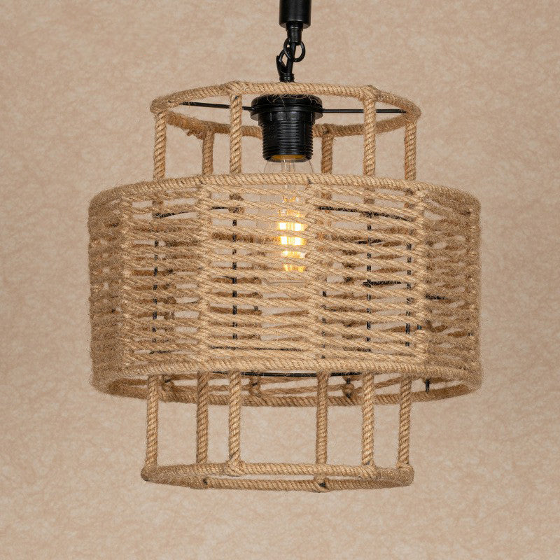 Rustic 2-Layered Cylinder Pendant Lamp With Rope And 1 Head For Living Room Ceiling In Brown