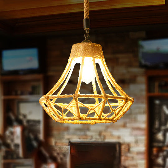 Lodge Diamond Pendant Ceiling Light In Brown - 1 Bulb Hemp Hanging For Cafes