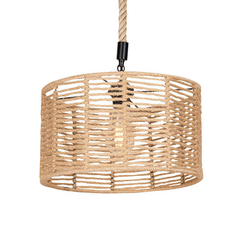 Rustic Natural Rope Drum Pendant Ceiling Lamp With 1 Bulb - Brown Finish | Perfect For Restaurants