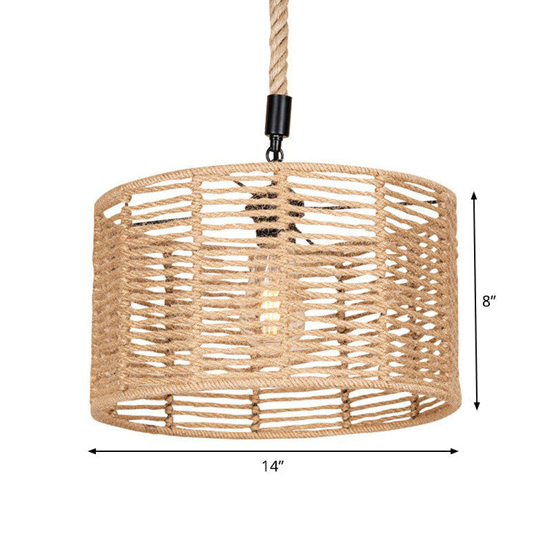 Rustic Natural Rope Drum Pendant Ceiling Lamp With 1 Bulb - Brown Finish | Perfect For Restaurants