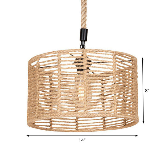 Rustic Natural Rope Drum Pendant Ceiling Lamp With 1 Bulb - Brown Finish | Perfect For Restaurants
