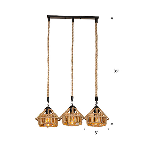 Handcrafted Cottage Brown Rope Pendant Light Fixture - 3/6-Light Mini House Multi Round/Linear
