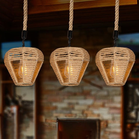 Rustic Brown Hemp Rope Pendant Light Fixture With Inverted Droplets - Multi-Light Option / Linear