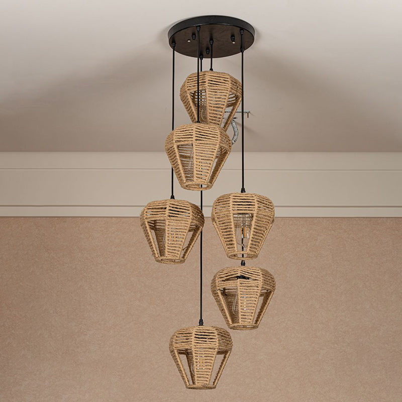 Rustic Brown Hemp Rope Pendant Light Fixture With Inverted Droplets - Multi-Light Option