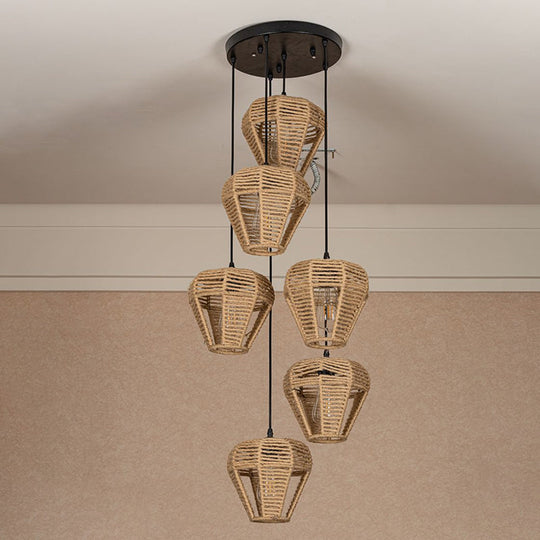 Rustic Brown Hemp Rope Pendant Light Fixture With Inverted Droplets - Multi-Light Option