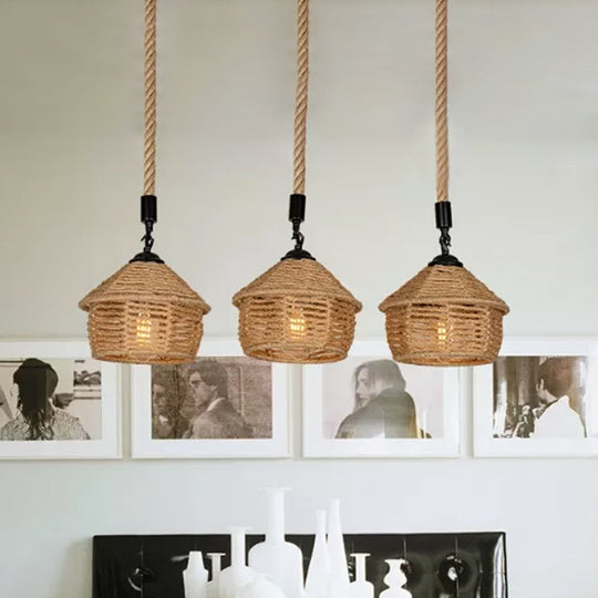 Rustic Brown Barn Pendant Lamp Cluster – Rural Rope Design 3/6 Lights Ceiling Suspension