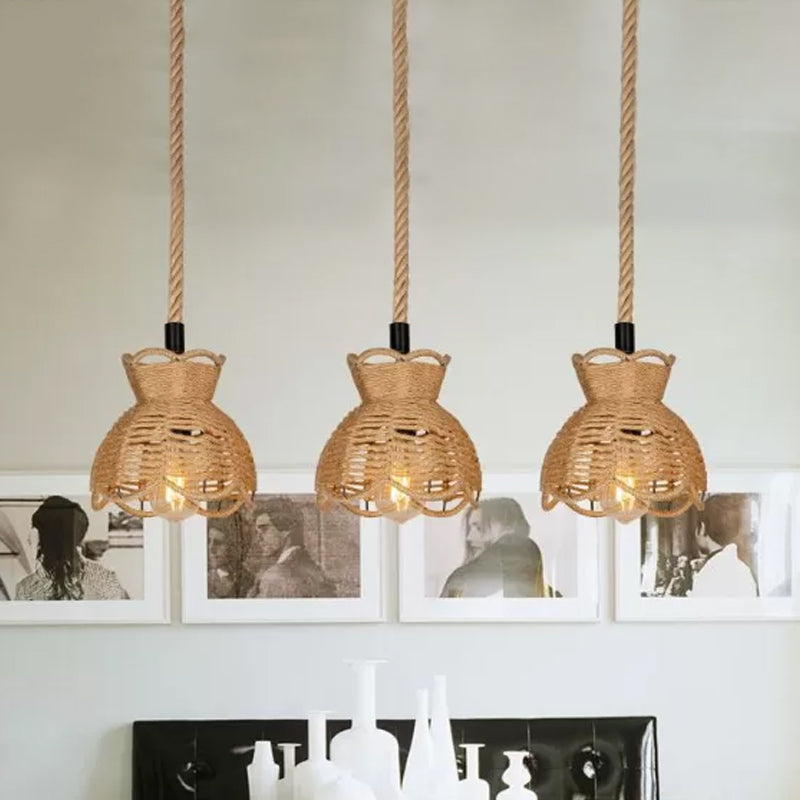 Farmhouse Hemp Bistro Pendant - Round/Linear 3/6-Head Brown Multi Hanging Lamp With Scalloped Trim