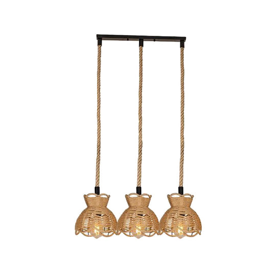 Farmhouse Hemp Bistro Pendant - Round/Linear 3/6-Head Brown Multi Hanging Lamp With Scalloped Trim
