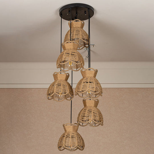 Farmhouse Hemp Bistro Pendant - Round/Linear 3/6-Head Brown Multi Hanging Lamp With Scalloped Trim