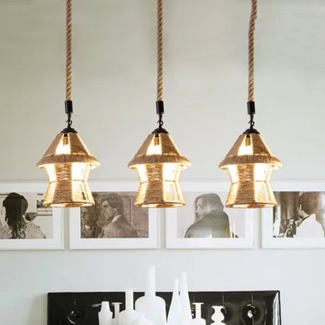 Country Cabin Pendant Lamp With Hand-Wrapped Rope Cluster And Multiple Bulbs - Brown Finish