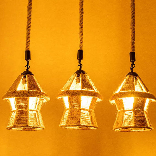 Rustic Rope Cluster Pendant Ceiling Light - Brown 3/6 Bulbs Living Room Round/Linear