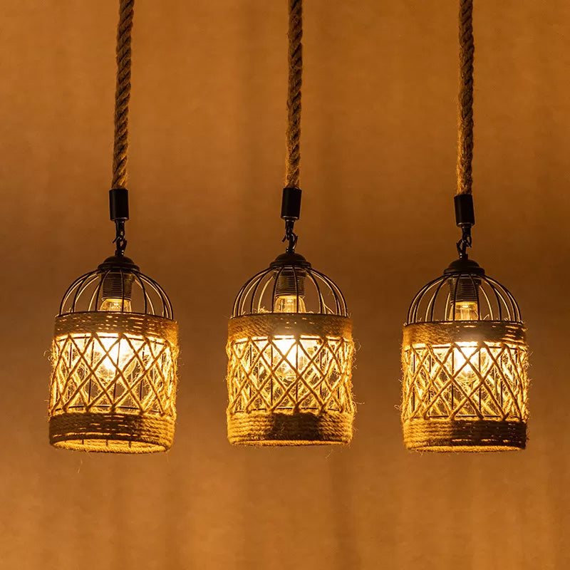 Lodge Birdcage Pendant Light Kit – Criss-Cross Woven Rope Brown 3/6 Heads Cluster Round/Linear