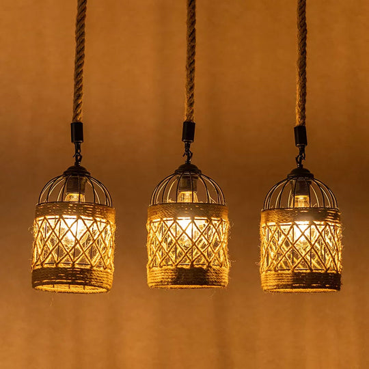 Lodge Birdcage Pendant Light Kit – Criss-Cross Woven Rope Brown 3/6 Heads Cluster Round/Linear