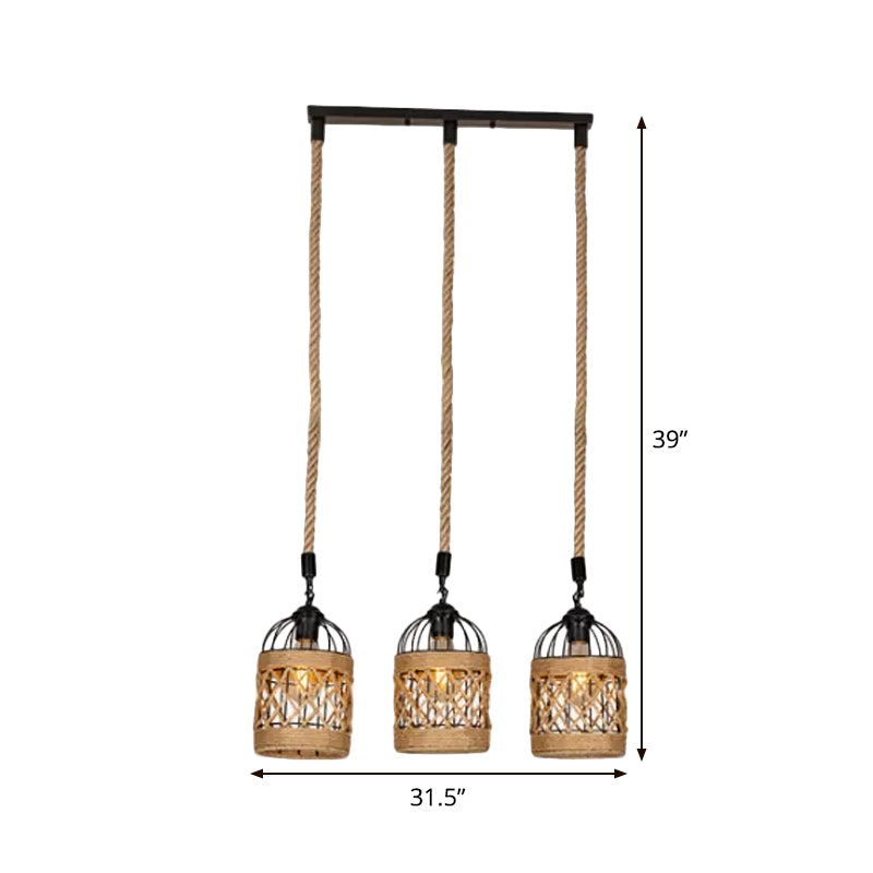 Lodge Birdcage Pendant Light Kit – Criss-Cross Woven Rope Brown 3/6 Heads Cluster Round/Linear